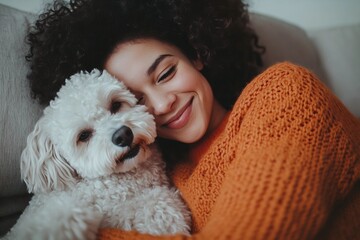 Happy Woman in Orange Sweater Cuddling Her Dog on the Sofa, Close Up Portrait Photograph in the Style of Natural Light Minimalism 
