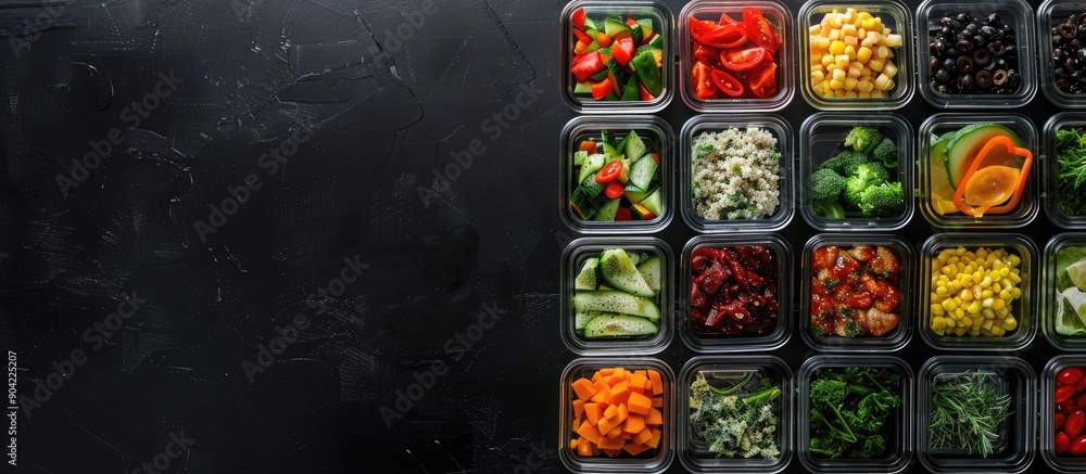 Aufkleber glass containers with various healthy meals arranged neatly on a black table in a flat lay compositi