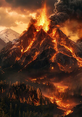 A huge fire and smoke erupting from the mountain top