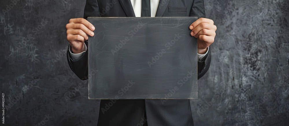 Poster Close up image of a businessman holding a blank chalkboard against a black backdrop providing ample space for text