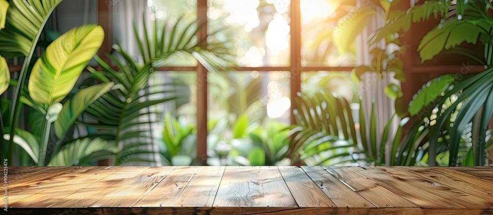 Aufkleber a wooden table is set against a blurred window and tropical leaf backdrop perfect for showcasing pro