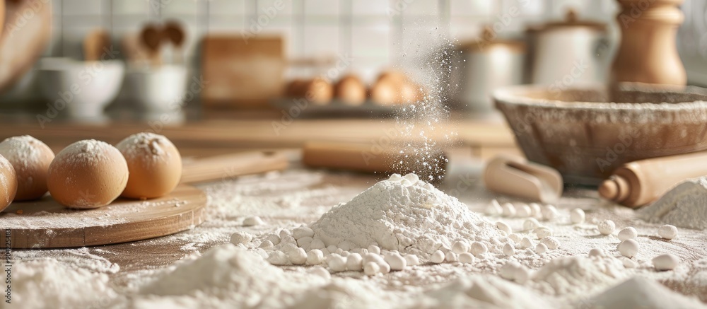 Poster high quality image for baking on a kitchen countertop with flour as the backdrop perfect for copy sp
