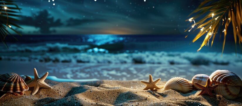 Tropical beach at night with seashells and starfish on the sand under the night sky offering a blank area to enhance with your decorations in a copy space image