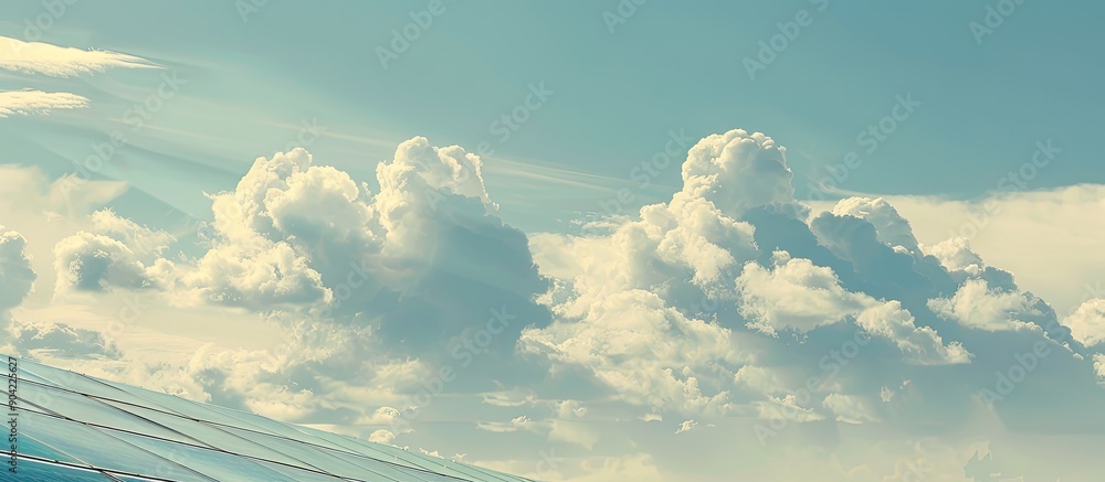 Poster solar energy panels set against a backdrop of a serene sky with fluffy clouds in the background crea