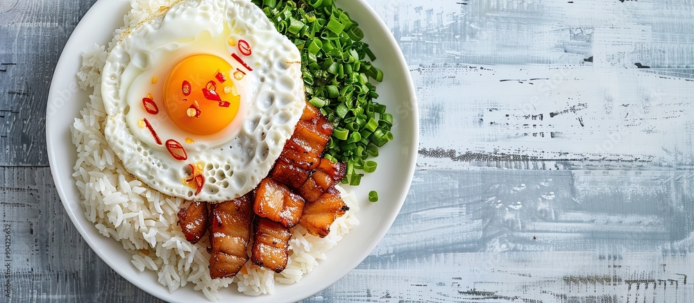 Poster top view of a plate with rice fried egg and char siu creating a beautiful composition with copy spac