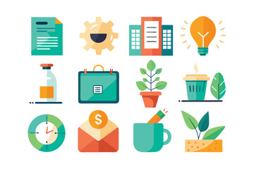 Colorful Flat Icons Representing Various Business and Office Concepts