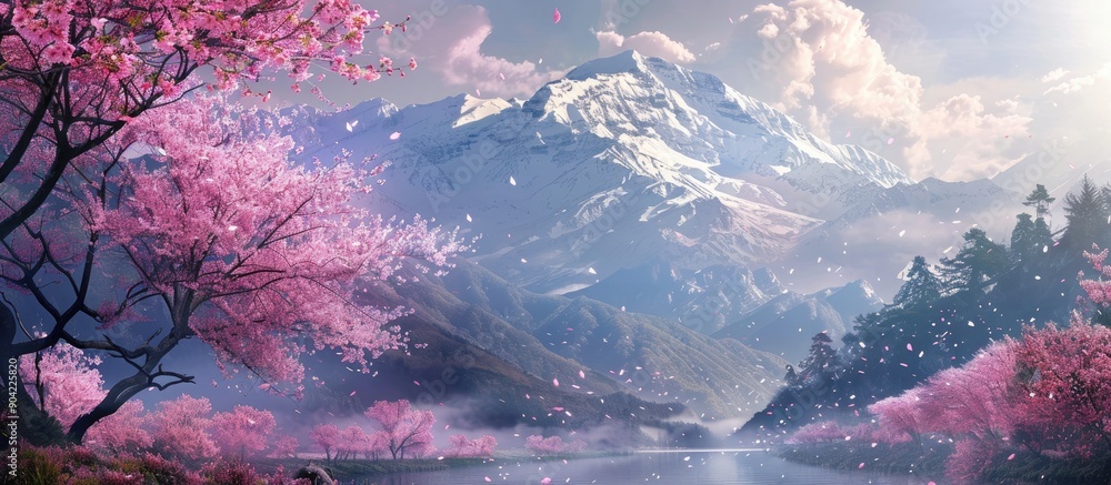Poster scenic view of cherry blossoms with snowcapped mountains in the background creating a picturesque sc