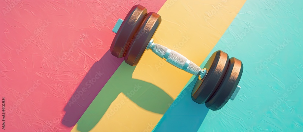 Poster top view of a dumbbell for training set on a colorful background with copy space image