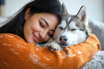 Happy Woman in Orange Sweater Cuddling Her Dog on the Sofa, Close Up Portrait Photograph in the Style of Natural Light Minimalism 