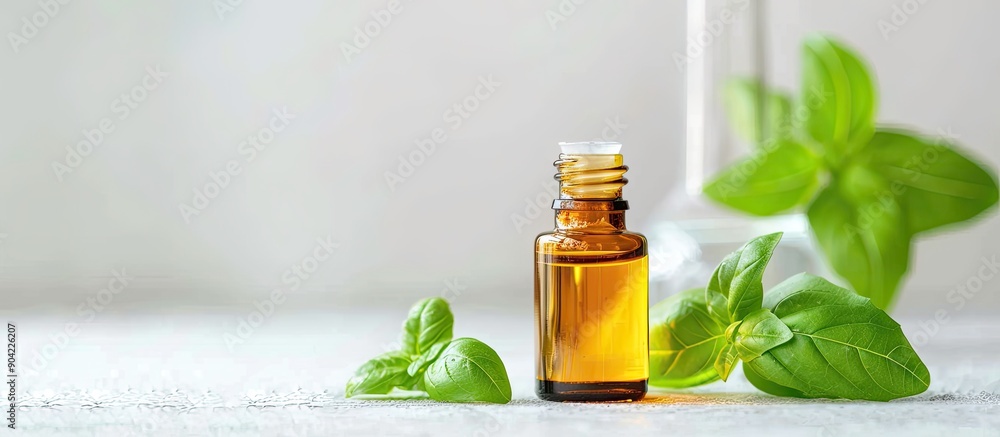 Poster basil essential oil and fresh leaves for aromatherapy and alternative medicine displayed on a white 