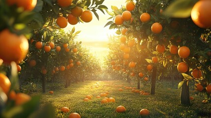 Fototapeta premium A beautiful fruit orchard with orange trees abundant with oranges, glowing in the afternoon sun.