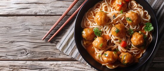 Delicious fried vegetable balls in gravy served with noodles in restaurant style presentation with copy space image