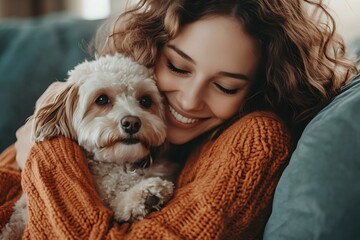 Happy Woman in Orange Sweater Cuddling Her Dog on the Sofa, Close Up Portrait Photograph in the Style of Natural Light Minimalism 