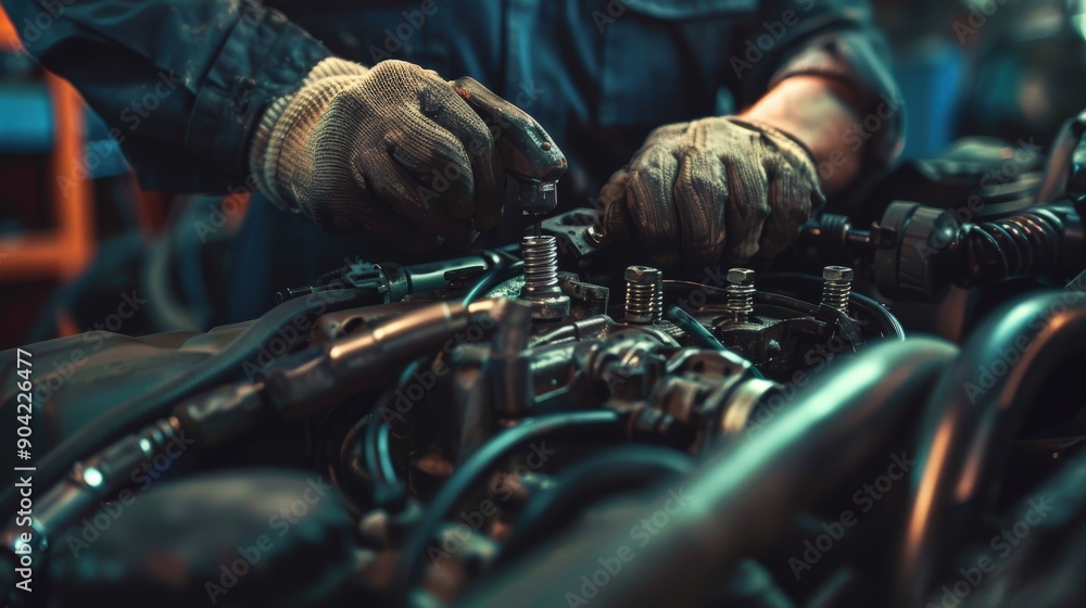 Poster a mechanic is focusing on tightening bolts on a car engine in a workshop, ensuring everything is sec