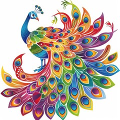 Fototapeta premium A vibrant clip-art style illustration of a peacock with rainbow-colored tail feathers,