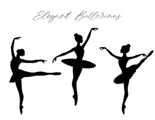 Ballet dancing. Set of ballet dancers silhouettes. Silhouettes of ballerinas on a white background. Ballerina in a tutu. © Hanna ArtLab