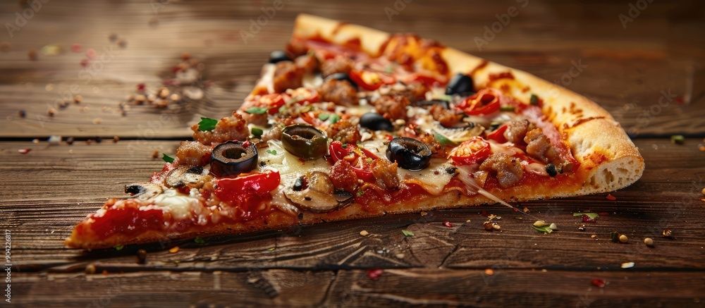 Poster a detailed image showing a pizza slice topped with sausage mushrooms olives and assorted toppings pl