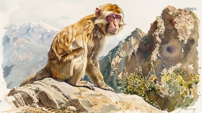 Mountain terrain, Barbary macaques, primate exhibit, Watercolor style