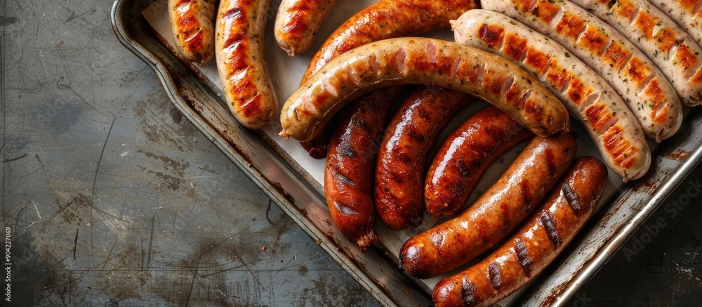 Poster top down view of pork bratwurst and bockwurst sausages on a metal tray with a blank white background