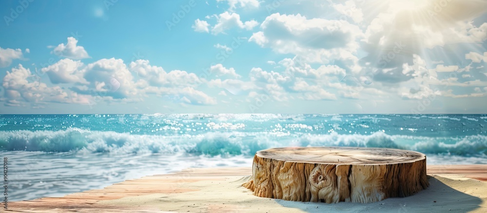 Poster wooden stump table on tropical beach with copy space image for product display against a backdrop of