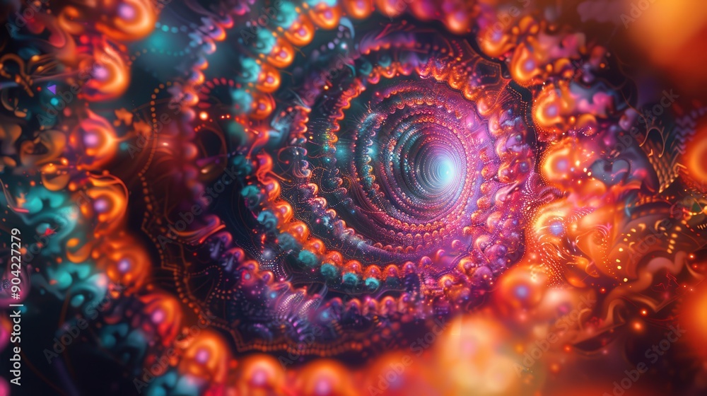 Poster a stunning fractal pattern unfolds with vibrant colors and intricate layers, inviting viewers into a