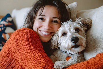 Happy Woman in Orange Sweater Cuddling Her Dog on the Sofa, Close Up Portrait Photograph in the Style of Natural Light Minimalism 
