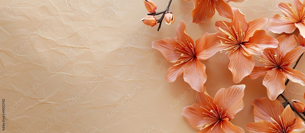 Wall mural From top view a beige background features a blank sheet of paper with a charming flower offering ample space for text alongside the image