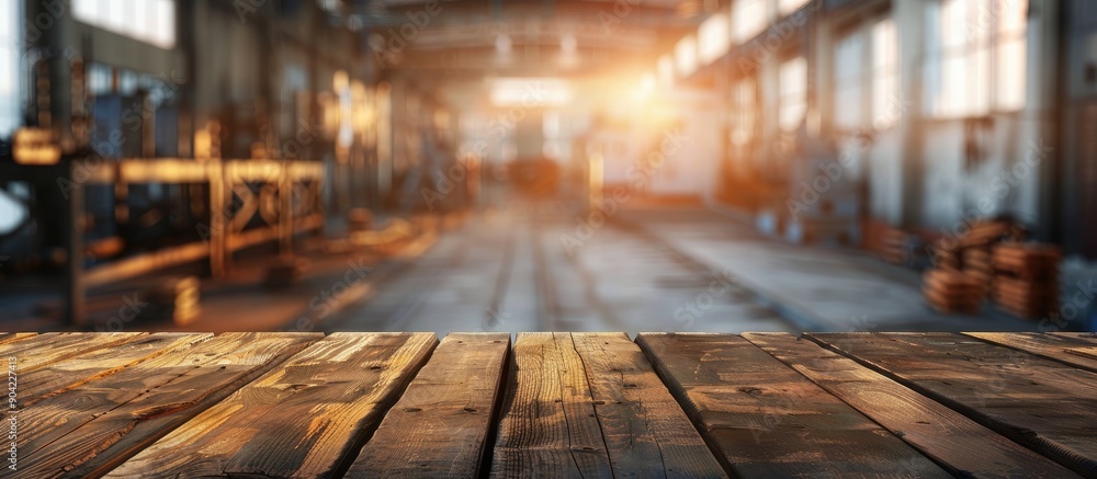 Poster wooden table with blurred factory backdrop offers copy space image for displaying products