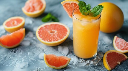 Refreshing grapefruit juice with grapefruit slices and a sprig of mint on a white marble background, with a view of the Milky Way