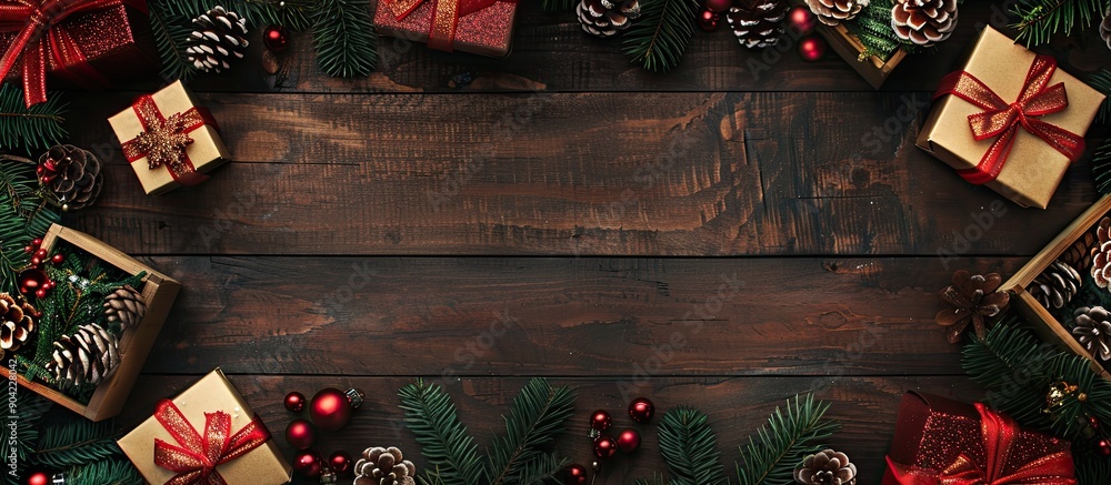 Poster christmas gift boxes arranged on a wooden background framed by pine cones creating a festive display