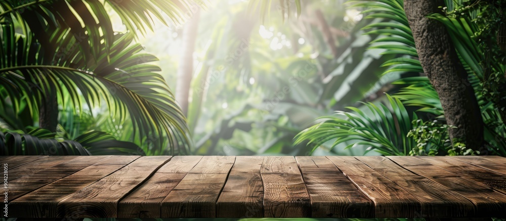 Poster wooden tabletop provides space for placing products with a lush jungle background ideal for showcasi