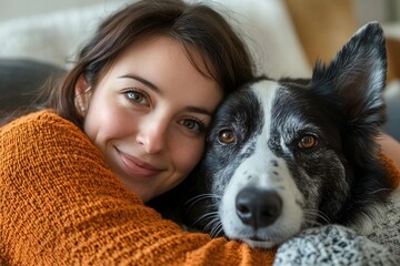 Happy Woman in Orange Sweater Cuddling Her Dog on the Sofa, Close Up Portrait Photograph in the Style of Natural Light Minimalism 