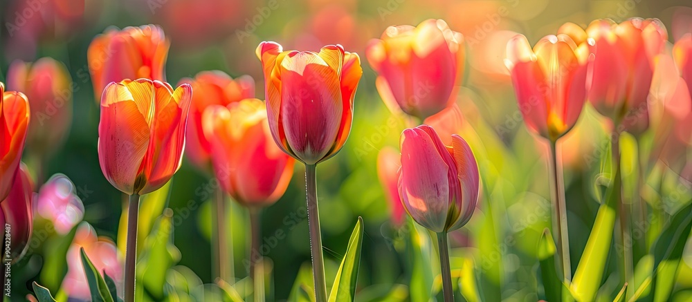 Poster vivid tulip blooms in the garden a natural symbol of spring with a vibrant and appealing appearance 