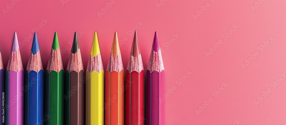 Poster close up of a set of colored pencils on a pink background with copy space image