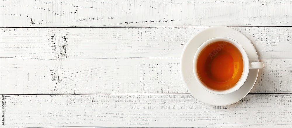 Poster top down view of a cup of fragrant tea on a white wooden surface with room for text in the image. co