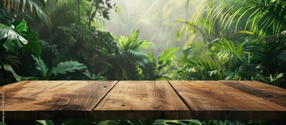 Wall mural Wooden tabletop provides space for placing products with a lush jungle background ideal for showcasing items in an advertisement with a beautiful copy space image