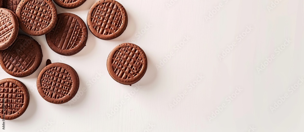 Poster delicious chocolate wafer biscuits arranged on a white backdrop with space for text or images. copy 