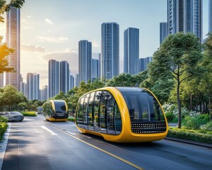 Obraz premium Futuristic Solar-Powered Electric Vehicles Paving the Way to Sustainable Urban Transport in a Smart City