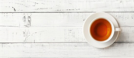 Top down view of a cup of fragrant tea on a white wooden surface with room for text in the image. Copy space image. Place for adding text and design