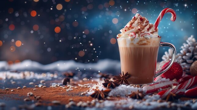 Cool peppermint mocha with whipped cream and candy cane on a winter background, with a view of the Milky Way