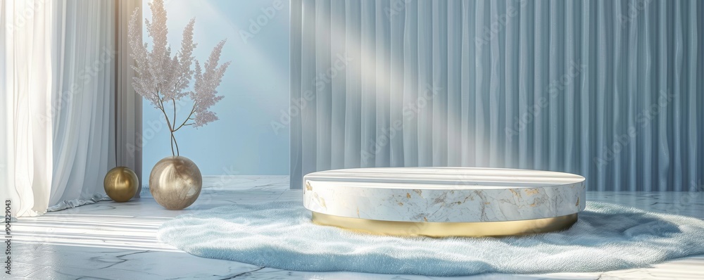 Poster minimalistic marble product display podium in a serene setting with soft light and elegant decor