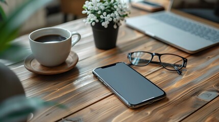 A cozy workspace with a laptop, a coffee cup, and a notebook on a wooden desk The setting includes various office essentials like a pen, tablet, and phone