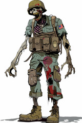 Fototapeta premium A zombie soldier with a backpack and a US flag on his chest