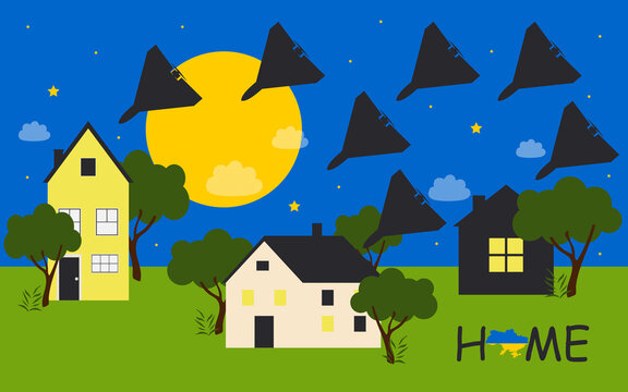 Shahed-136 missiles and kamikaze drones are massively attacking Ukraine, civilians and destroying their homes. War concept. 