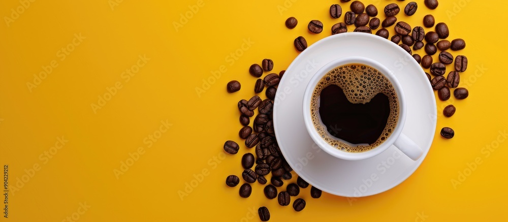 Sticker Top view of a white coaster and coffee cup with coffee beans on a yellow backdrop in a mockup setting with copy space image