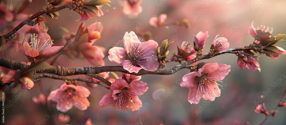 Poster pink blossoms adorn a peach tree branch along with a clear area for additional content within the im