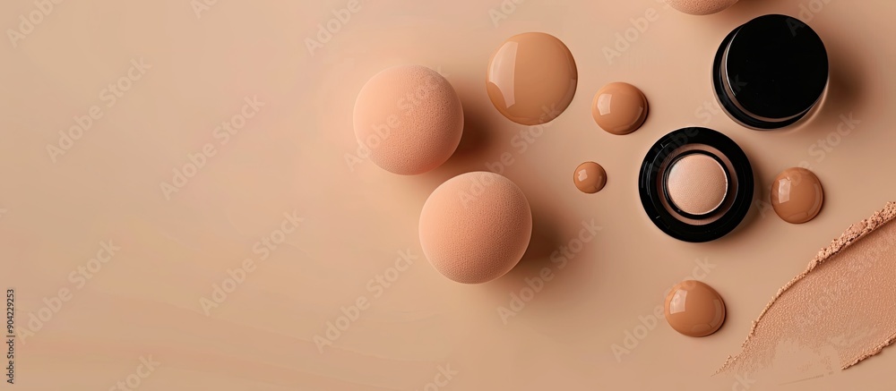 Poster beige background with makeup sponges and foundation displayed in a flat lay style featuring copy spa