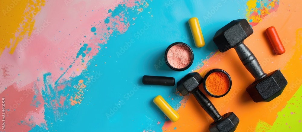 Poster top view of jars with protein powder and dumbbells on a colorful background creating a sports nutrit