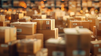 Stacks of packages ready for shipment close up, focus on packages, realistic, overlay, warehouse backdrop