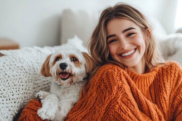 Happy Woman in Orange Sweater Cuddling Her Dog on the Sofa, Close Up Portrait Photograph in the Style of Natural Light Minimalism 